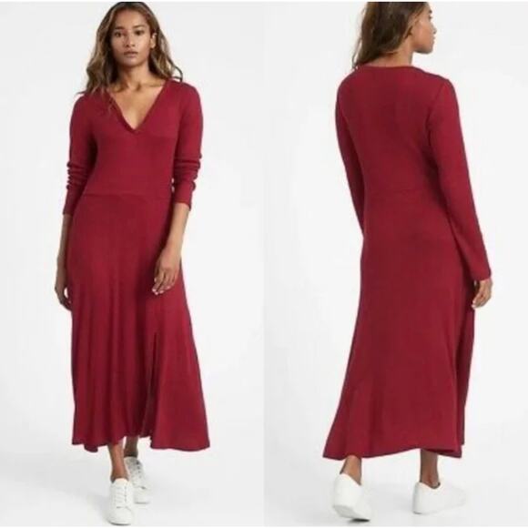 Banana Republic Ribbed Knit Midi Dress In Mulled Cranberry Red Size Medium - Picture 2 of 14